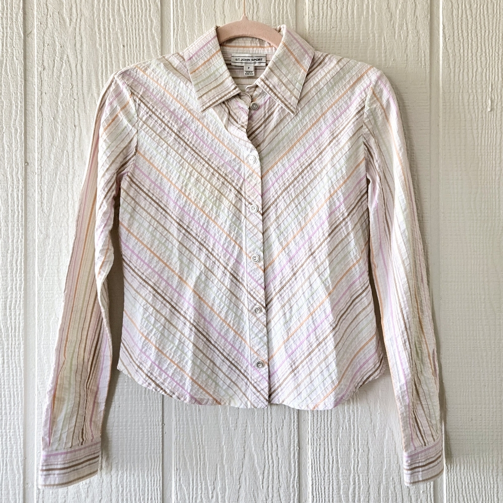 ST. JOHN SPORT Chevron Stripe Seersucker Button Down Longsleeve Small Petite
